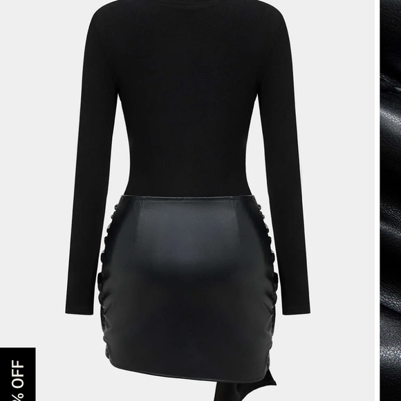 Micas Faux Leather Patchwork Tie Front Round Neck Ruched Mini Dress - Picture 2 of 5